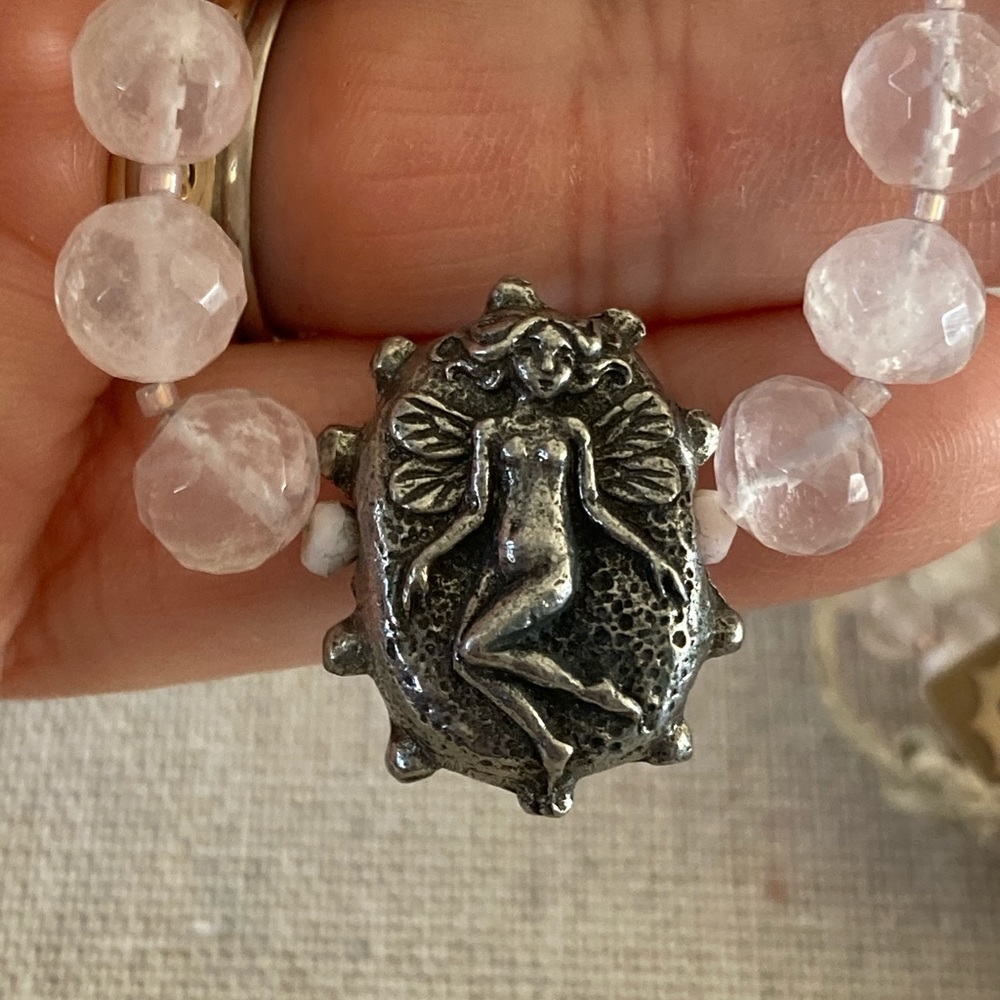 Artisan Made Forget Me Not Pewter Fairy Rose Quartz Choc…NWT